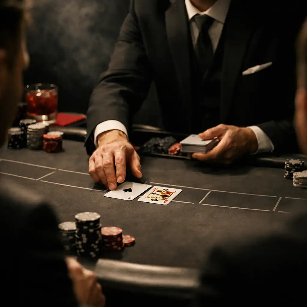 Prowadzący rozdający karty przy stole blackjacka