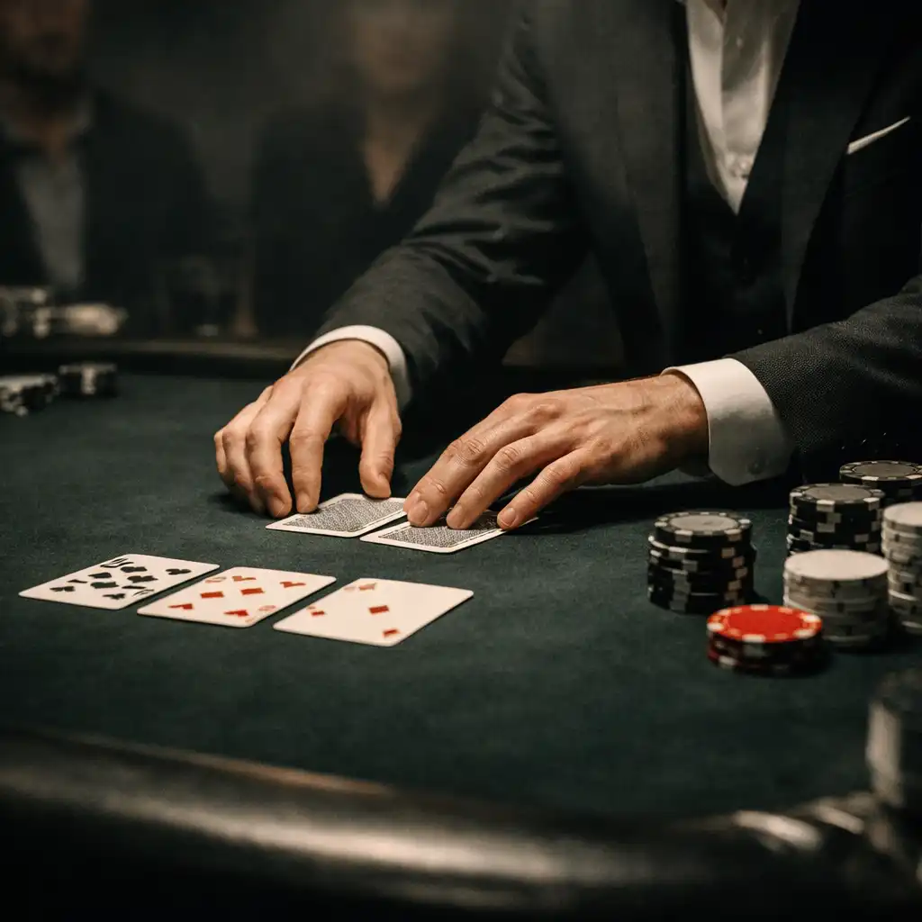 Dłonie prowadzącego układające karty i żetony przy stole pokerowym