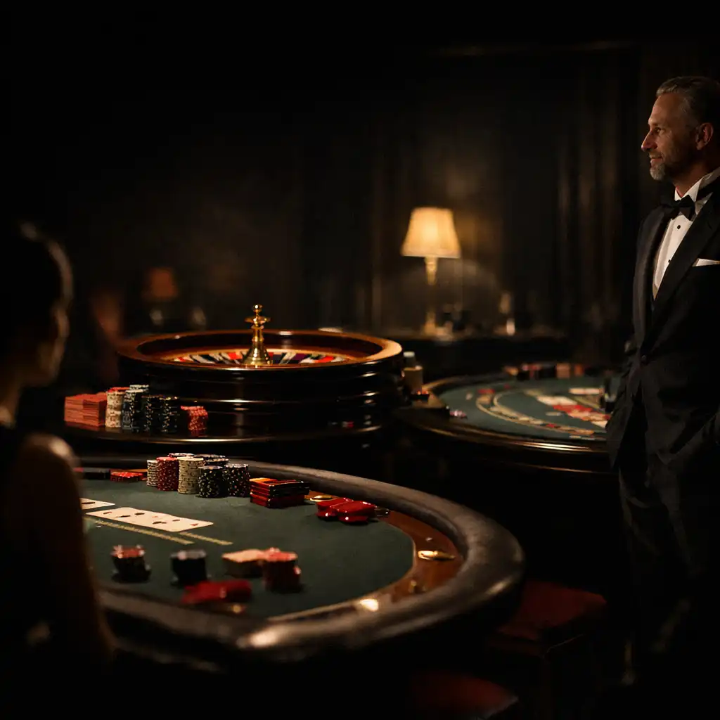 Stoły pokerowy, ruletki i blackjacka podczas eleganckiego wieczoru offline