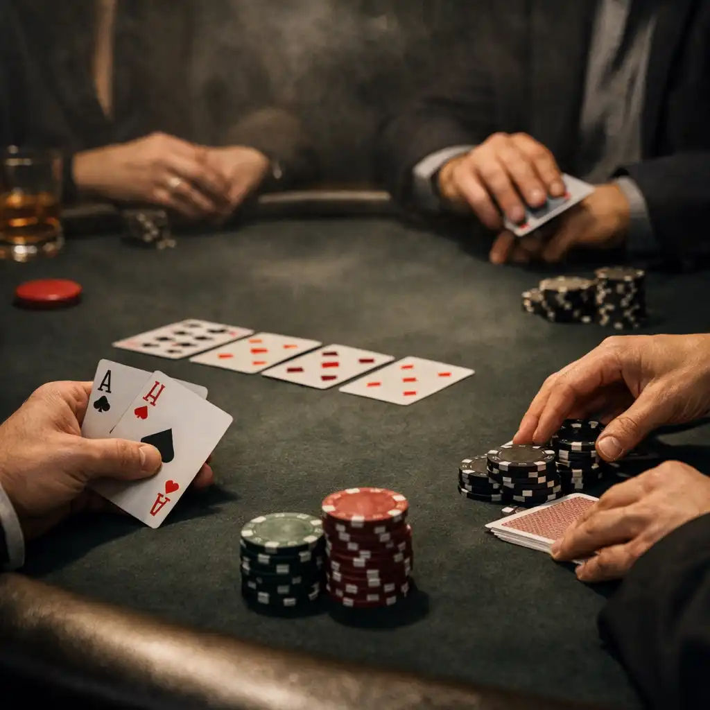 Dłonie gości, karty i żetony przy stole pokerowym