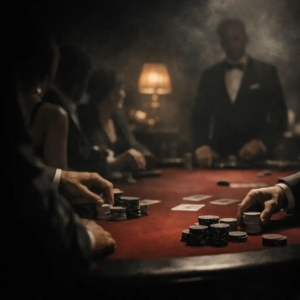 Stół pokerowy podczas eleganckiego wieczoru offline, z dłońmi gości i prowadzącym w tle.